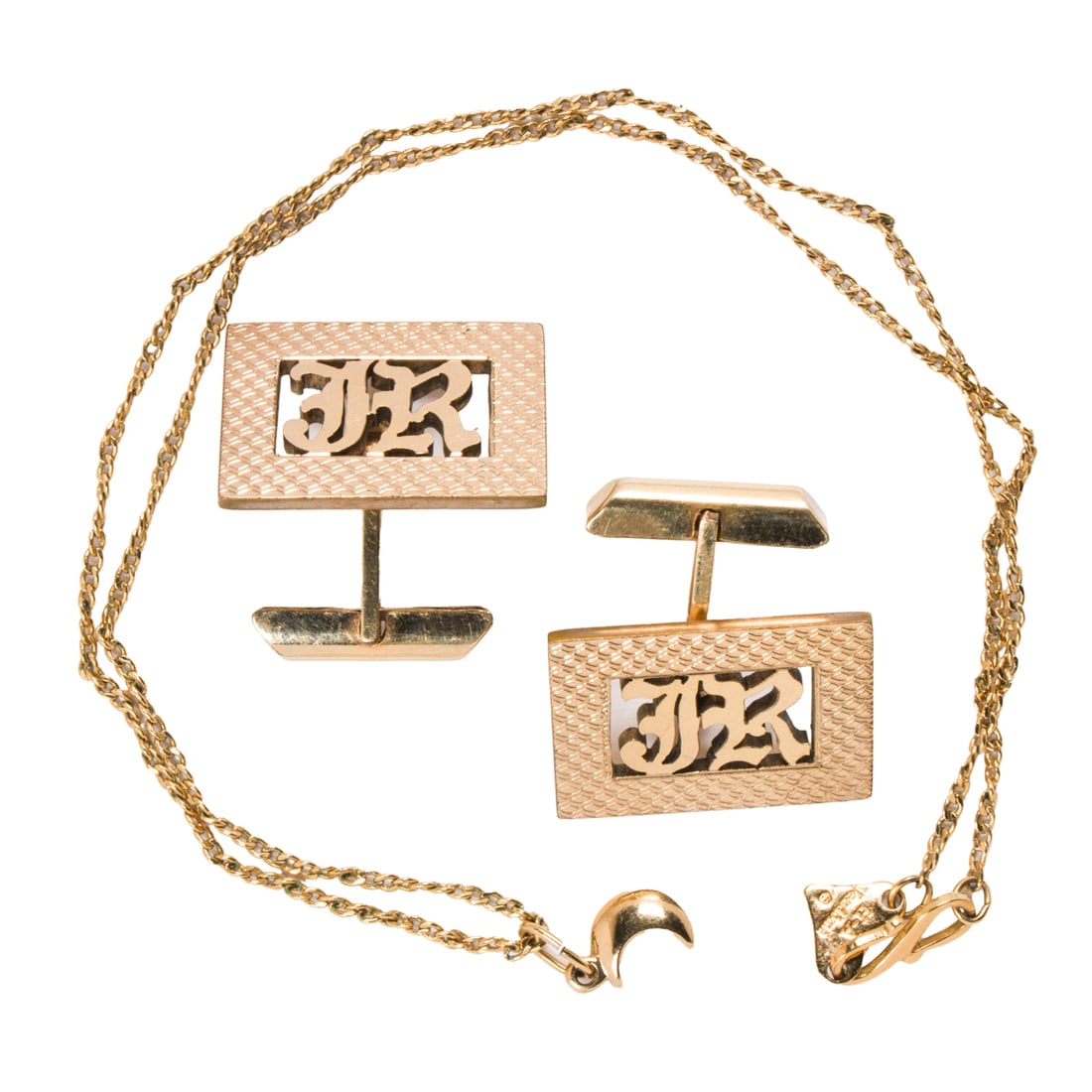 A pair of gold-filled cufflinks and pendant necklace: A pair of gold-filled cufflinks and pendant necklace The cufflinks monogramed with "JR", the pendant necklace designed with a half-moon; gross weight: 16.15 grams