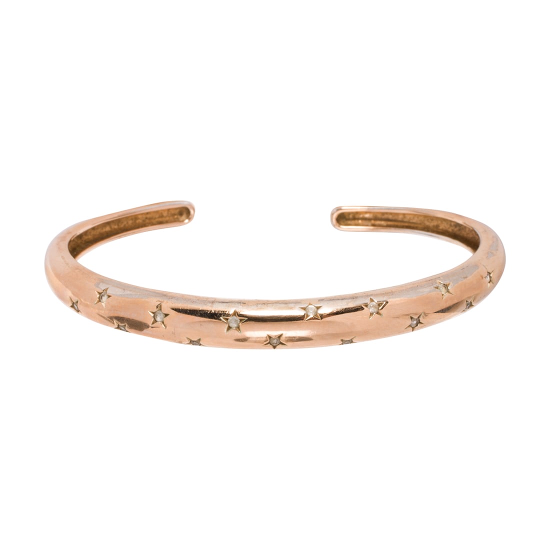 A cubic zirconia and silver bracelet: A cubic zirconia and silver bracelet of open bangle design, accented by single-cut cubic zirconia; interior circumference: 5 3/4 in; 11.40 grams