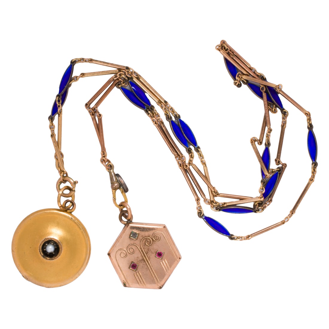 An antique enamel and gold-filled pocket watch chain and two lockets: An antique enamel and gold-filled pocket watch chain and two lockets The chain featuring blue enamel spacers, together with two lockets; length; 32 in; 22.40 grams