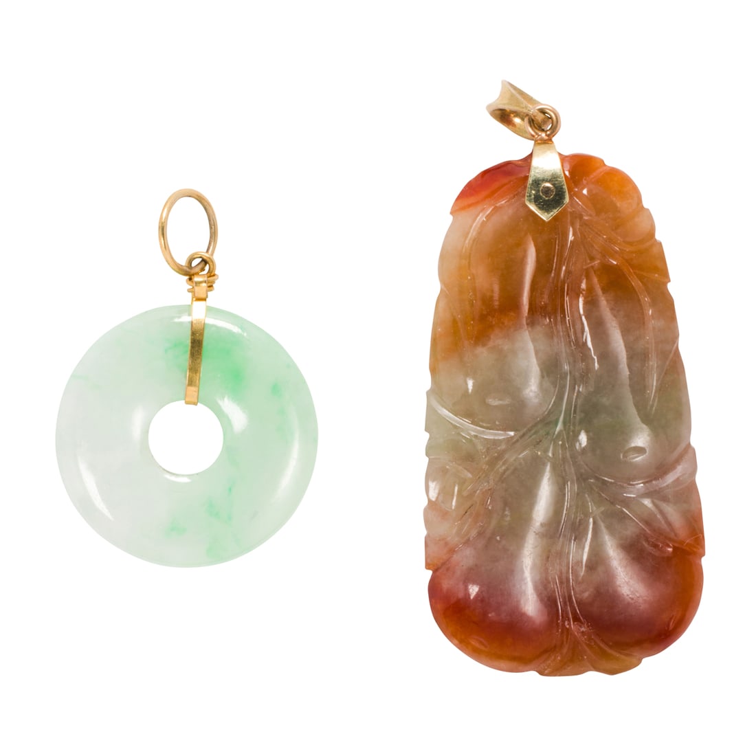 Two jade and 14k gold pendants: Two jade and 14k gold pendants Comprising one Bi disc, and one pendant carved as gourds, each on 14k gold bails; lengths: 1 1/4 and 2 in, respectively; gross weight: 18.90 grams