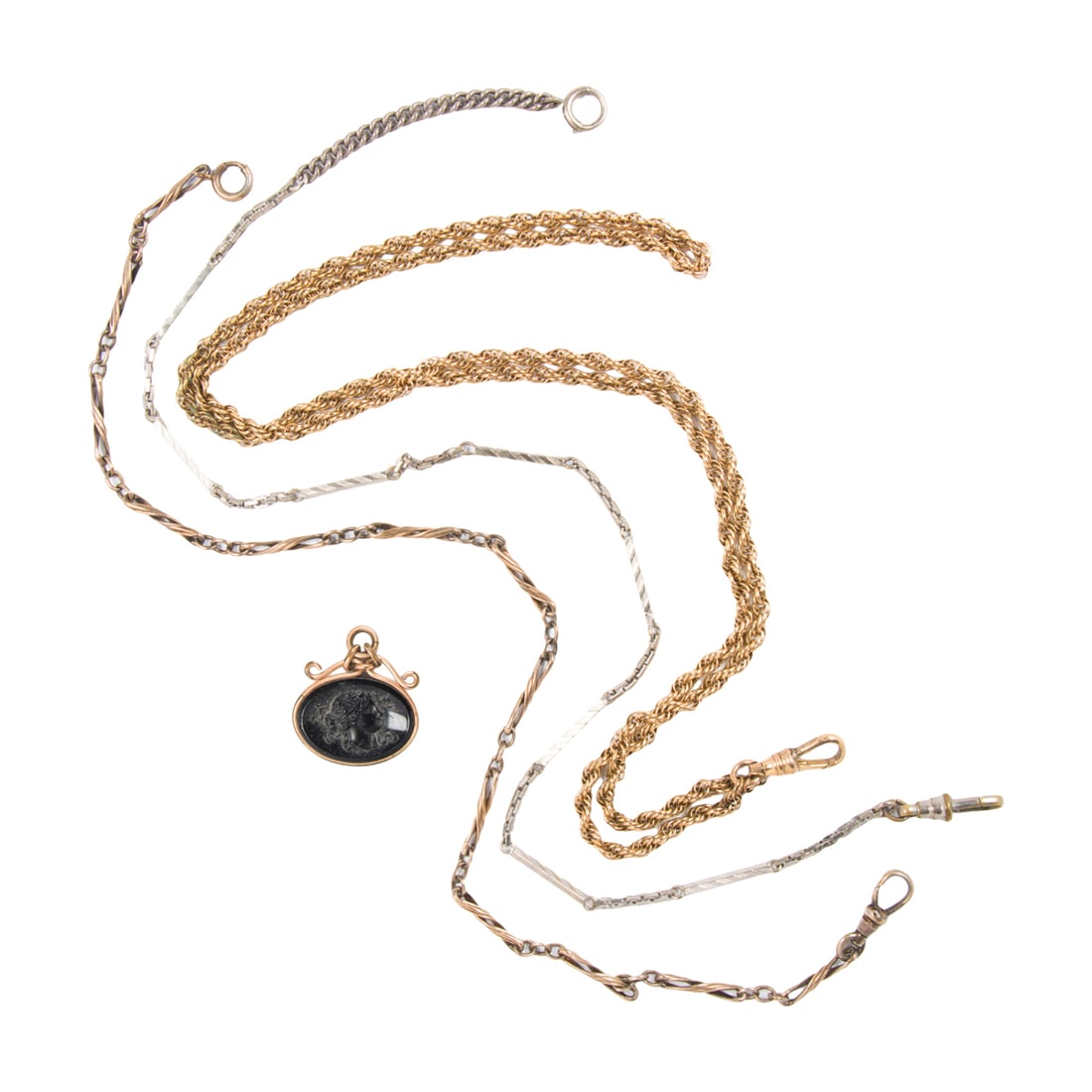 Three antique pocket watch chains: Three antique pocket watch chains The chains of fancy-link design, together with an intaglio fob; gross weight: 35.80 grams