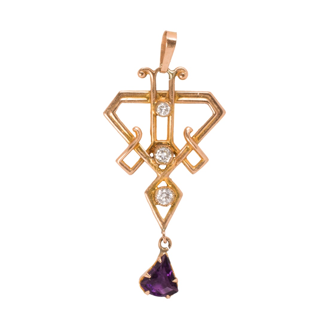 An Art Nouveau style gemstone and 10k gold pendant: An Art Nouveau style gemstone and 10k gold pendant Of open-form geometric design, set with three round-cut diamonds and one fancy-cut purple gemstone; length: 1 3/4 in; 1.60 grams