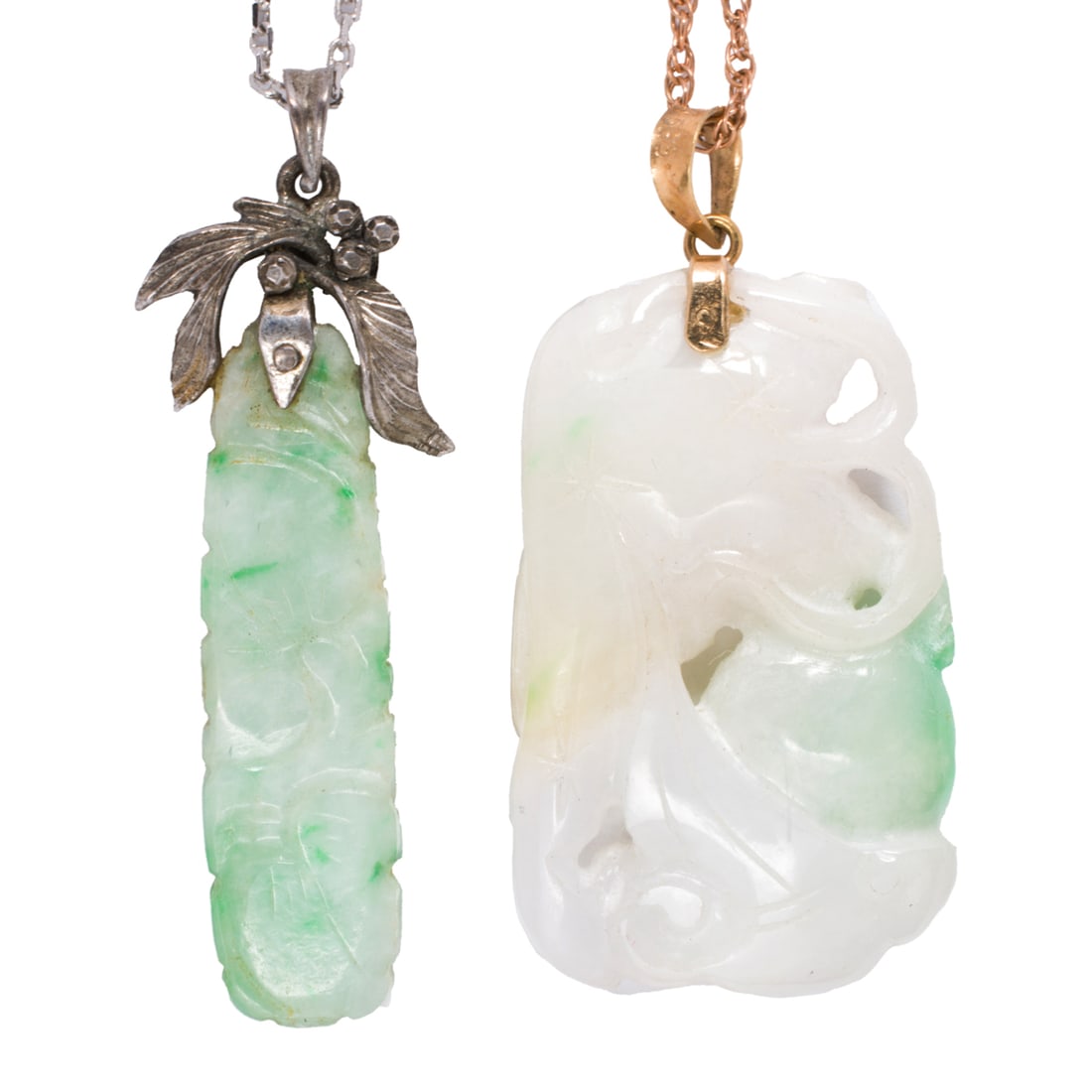 Two silver, 14k gold, and jade pendant necklaces: Two silver, 14k gold, and jade pendant necklaces One pendant designed as peaches on decorative silver bail, with 14k white gold chain, together with one on 14k gold bail with 14k rose gold chain;