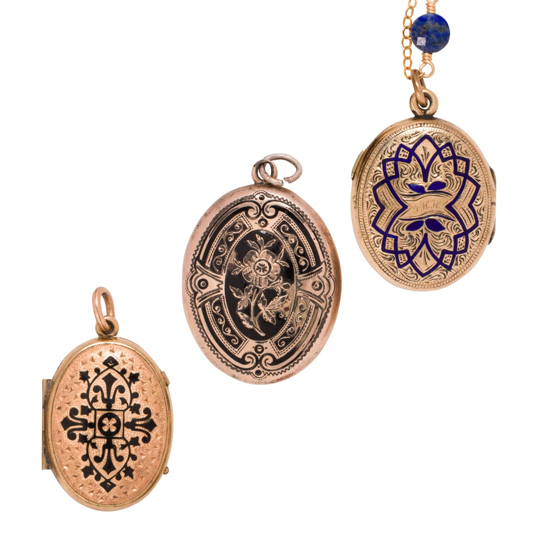 Three Victorian D'Epargne enamel lockets and chain (1 of 2)