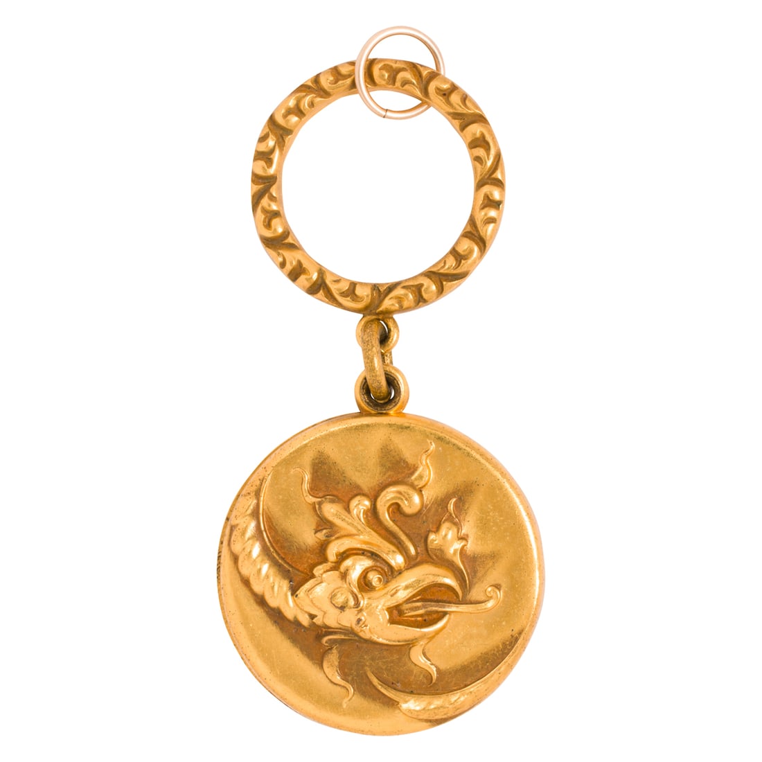 A gold-filled dragon pendant: A gold-filled dragon pendant Designed with an embossed image of a European-style dragon, on patterned bail; length: 2 1/8 in; 11.00 grams