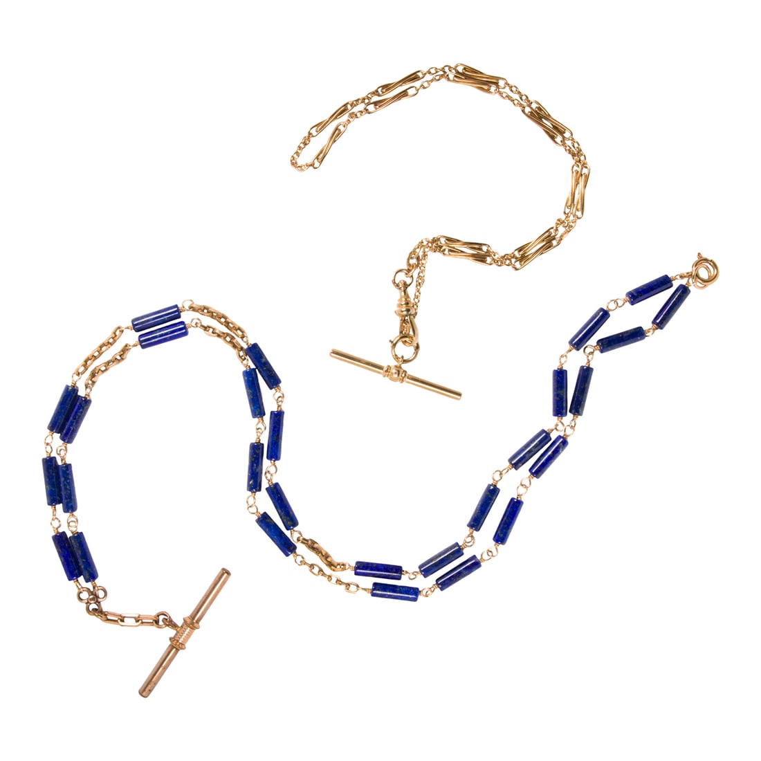 Two hardstone and gold-filled watch chains: Two hardstone and gold-filled watch chains Comprising one with faux lapis beads; lengths: 16 in and 26 in; 31.60 grams