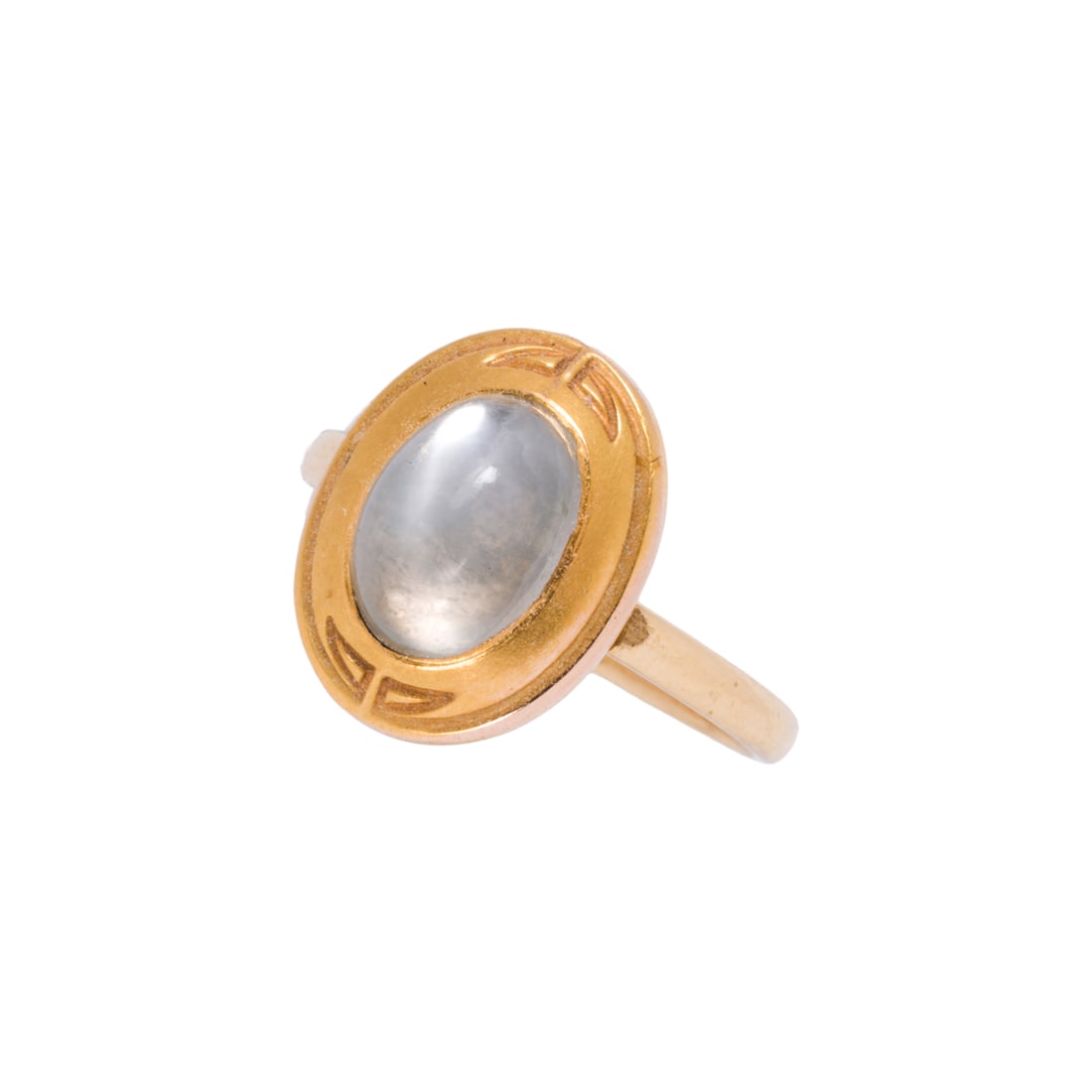 A moonstone and 10k gold ring: A moonstone and 10k gold ring Featuring an oval-shaped moonstone cabochon measuring 8.52 x 6.28 mm; size 6 1/4; 2.50 grams