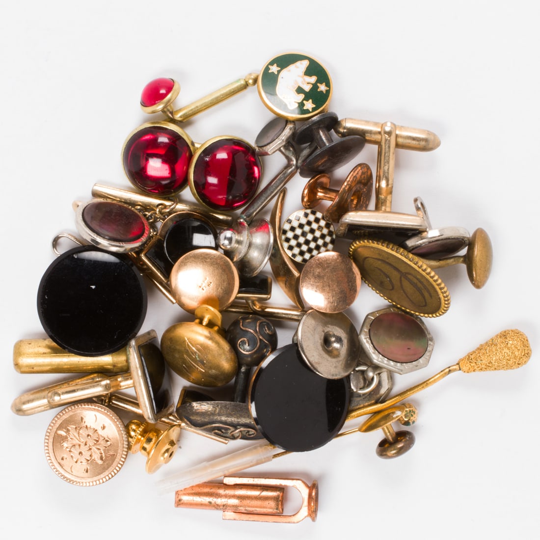 A miscellaneous group of mens accessories: A miscellaneous group of mens accessories Comprising an assortment of mens accessories of varying styles and materials including 14k gold; gross weight: 61.30 grams