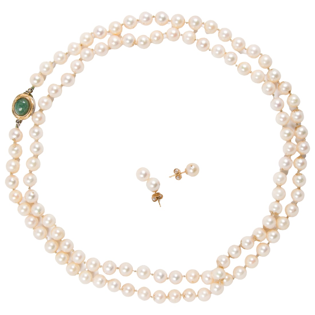 An opera length cultured pearl, hardstone, and silver necklace and earrings set: An opera length cultured pearl, hardstone, and silver necklace and earrings set The necklace designed as a strand of cultured pearl measuring 7.70 mm, with clasp set with an oval-shaped green hardston