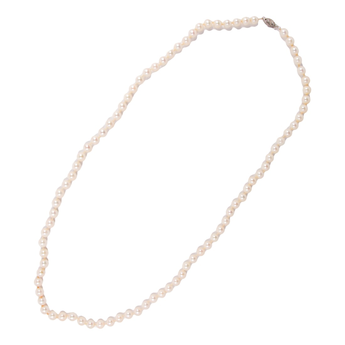 A cultured pearl and 14k white gold necklace: A cultured pearl and 14k white gold necklace Designed as a strand of cultured pearls measuring 6.16 mm, on 14k white gold clasp; length: 25 in; 30.05 grams