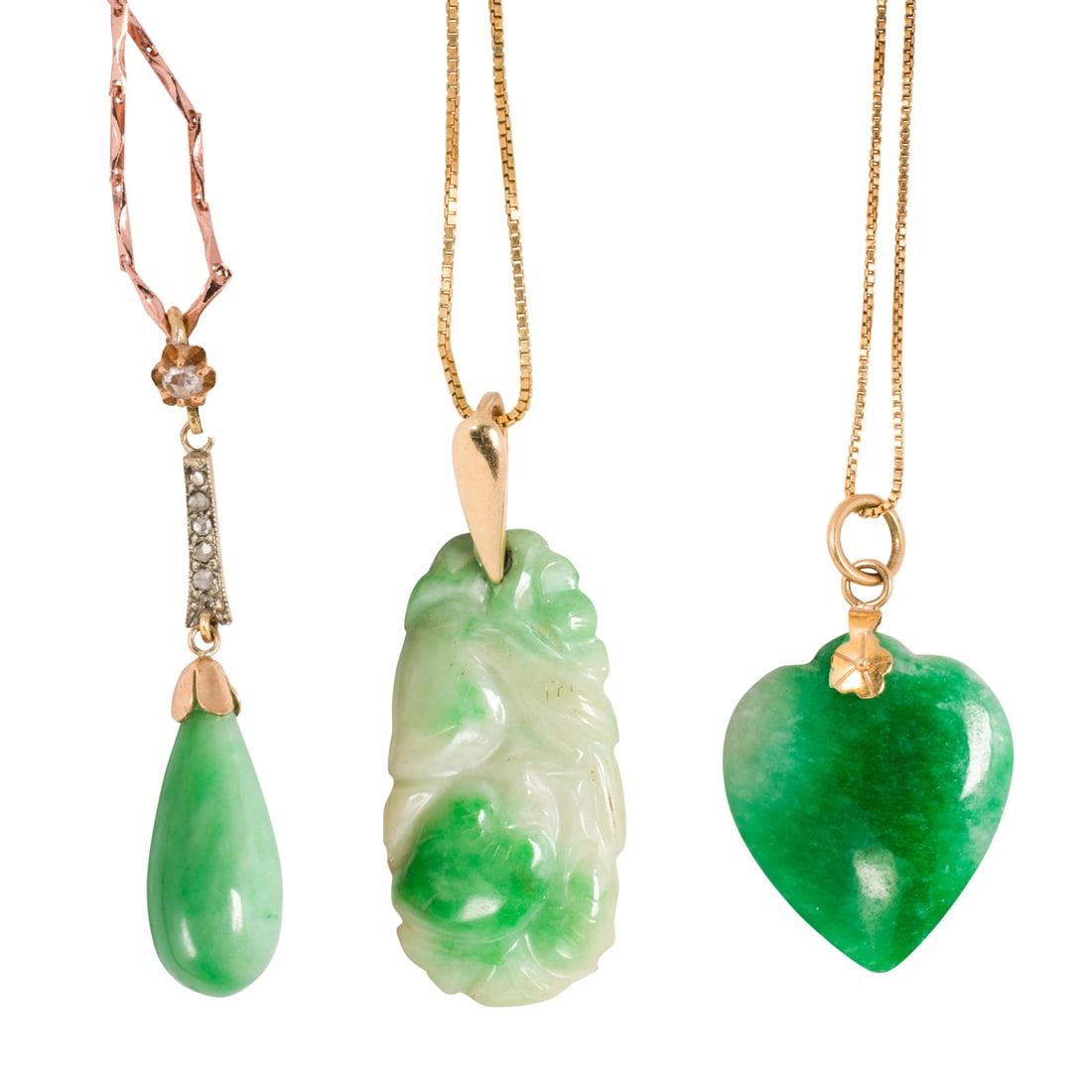 Three jade and gold pendants: Three jade and gold pendants Comprising a carved jade and 14k gold pendant, a drop pendant with rose-cut diamond surmount in 18k gold, and a heart shaped pendant in 18k gold; 13.50 gross grams