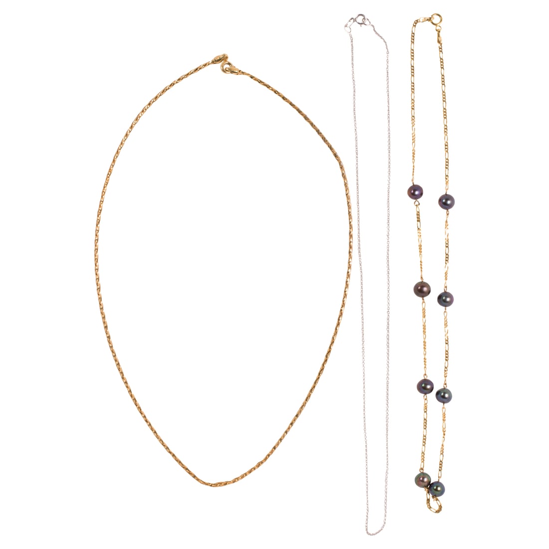 Three 14k gold chains: Three 14k gold chains Of varying styles including one set with cultured black pearls; lengths: 16 in; gross weight: 7.10 grams