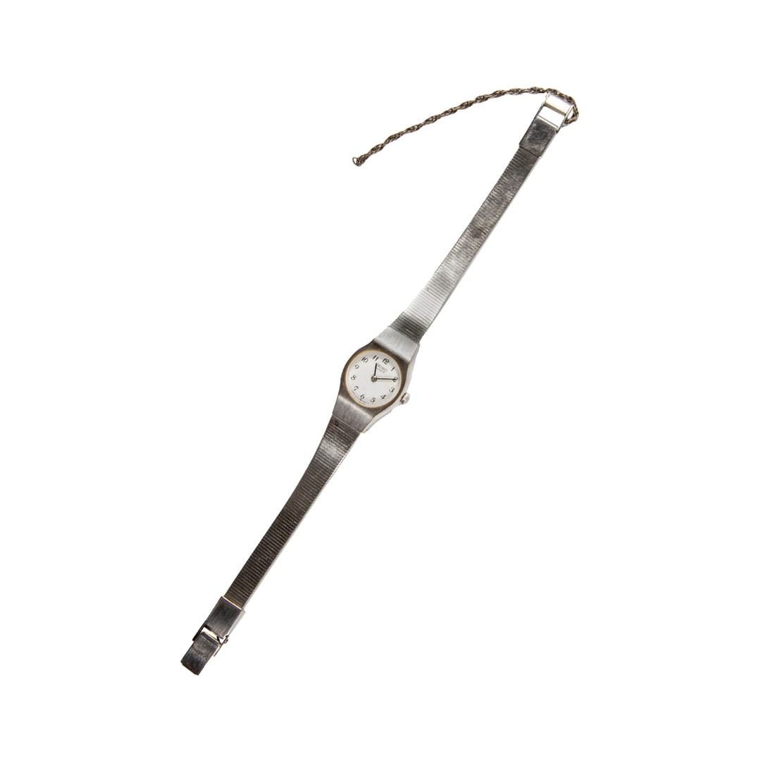 A Seiko quartz stainless steel watch: A Seiko quartz stainless steel watch The white tone face, black Arabic indices, black stick hands, within stainless steel case, containing quartz movement; case width: 14.28 mm; strap length: 6 1/2 in