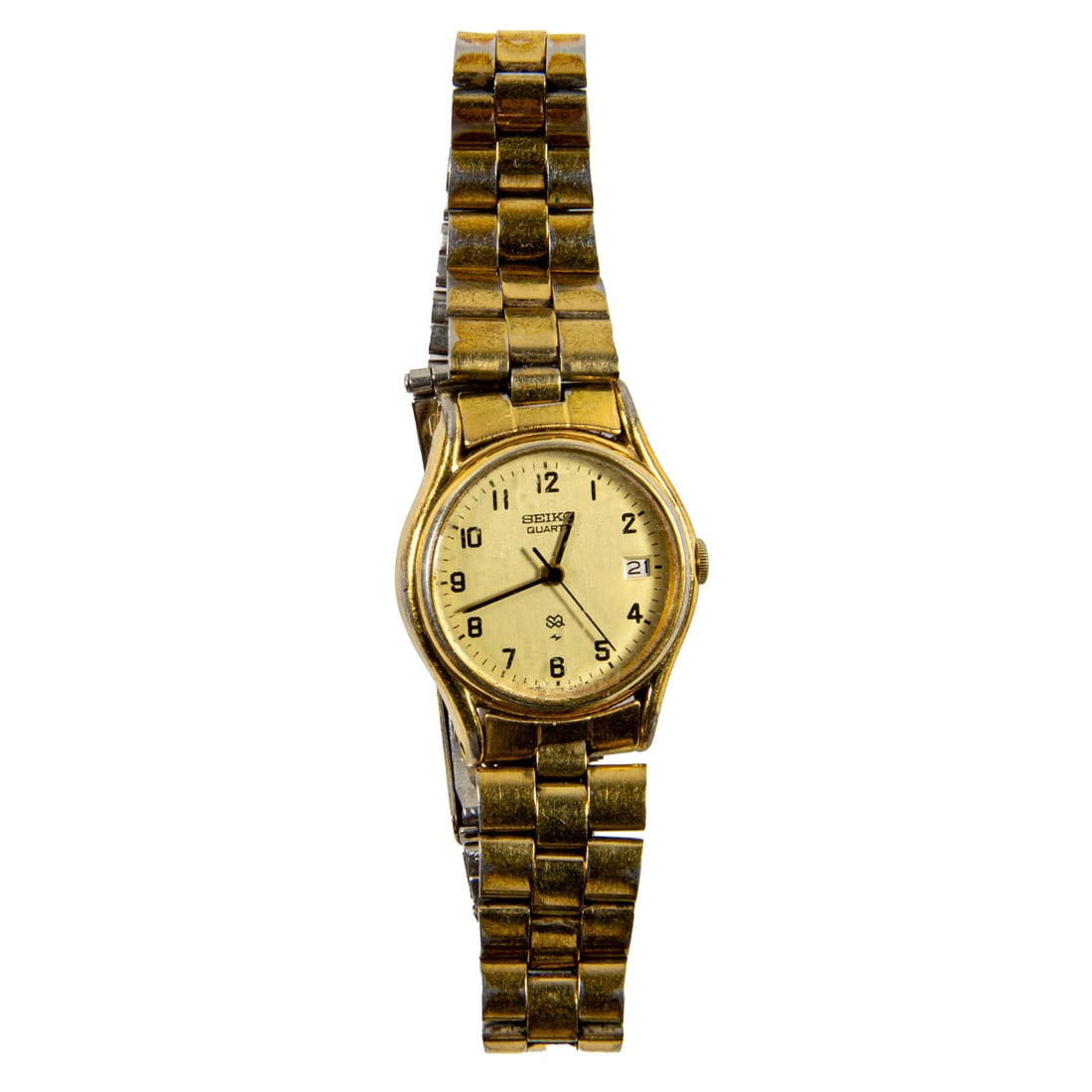 A Seiko watch: A Seiko watch The gold tone face, black Arabic indices, black stick hands, within polished stainless steel case, on stainless steel strap; case width: 19.11 mm; strap length: 7 1/2 in