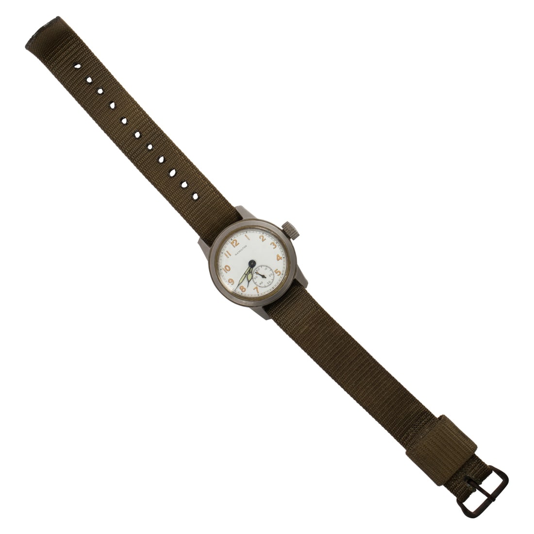 A Hamilton watch: A Hamilton watch The white tone face, white leaf hands, subsidiary dial, within metal case, on polyester strap; case width: 26.41 mm; strap length: 9 1/2 in