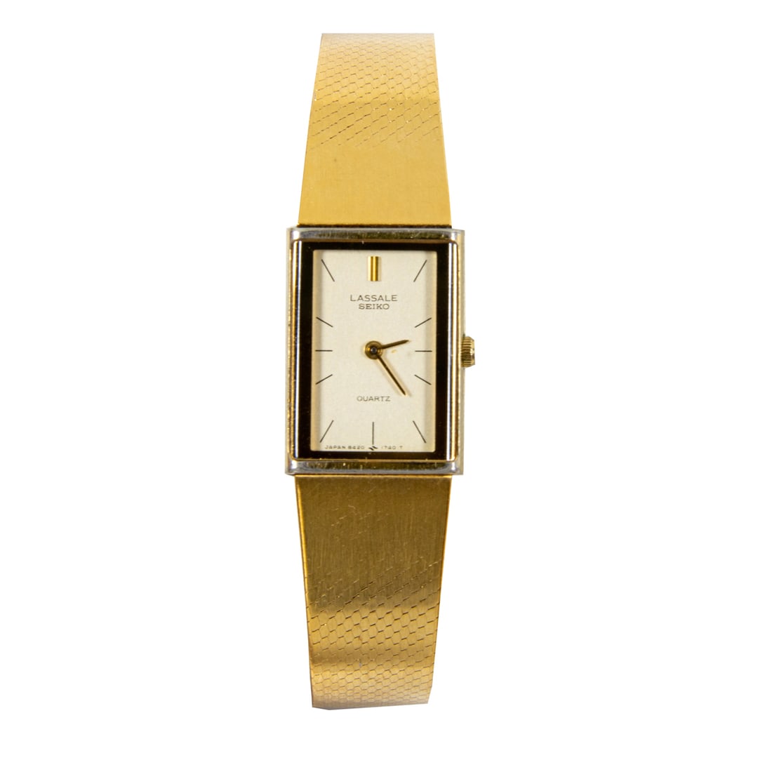 A Seiko 'Lasalle' watch: A Seiko 'Lasalle' watch The champagne-toned face, gold stick indices, gold stick hands, within gold-tone case, containing quartz movement; case width: 9.52 mm; strap length: 7 in; 25.80 grams