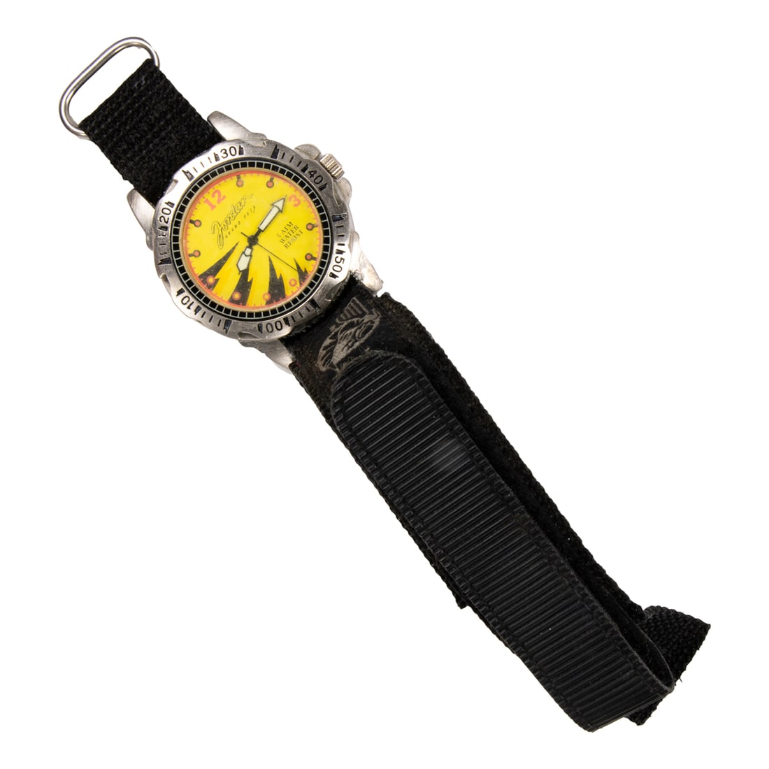A Jordan Grand Prix team racing watch: A Jordan Grand Prix team racing watch The multicolor face, red dot indices, luminous arrow hands, within stainless steel case, containing quartz movement, on synthetic fabric strap; case width: 41.10 