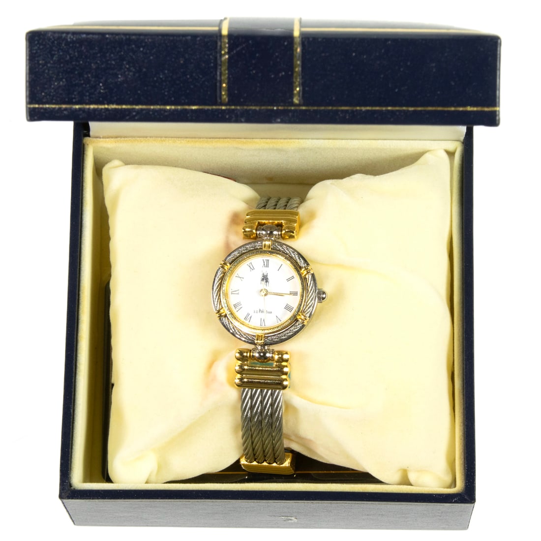 A Royal Queen's polo team stainless steel wrist watch: A Royal Queen's polo team stainless steel wrist watch The white face with roman hours, gold tone baton hands, within twisted wire bezel, on gold plated steel and wire bracelet: case width: 25mm; brace