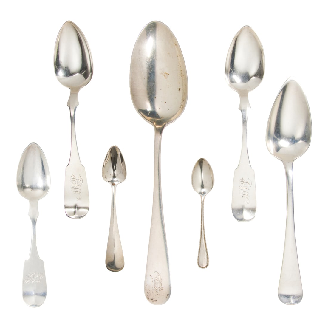 A group of English and American coin silver spoons with English sterling spoons (1 of 3)