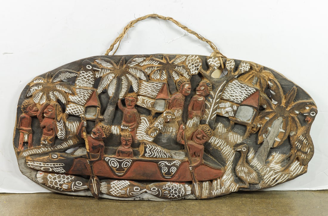 An Oceanic polychrome relief carved story board panel (1 of 1)