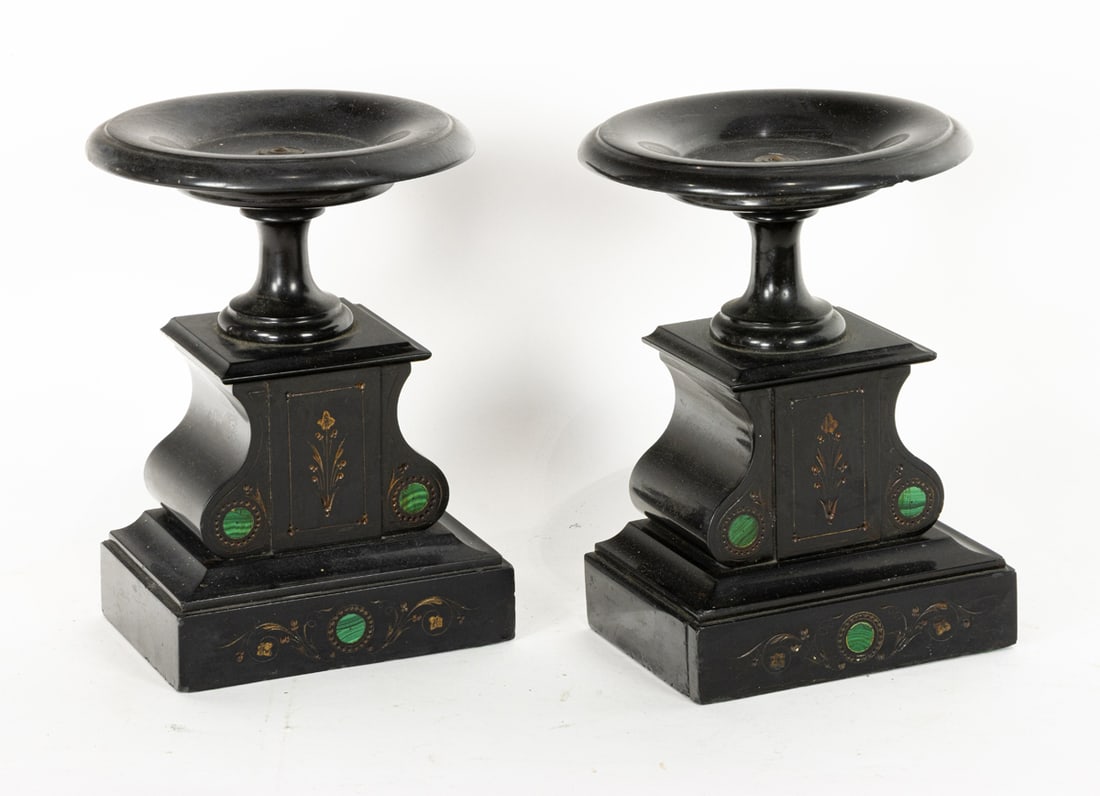 A pair of French malachite inlaid black basalt mantle urns (1 of 1)
