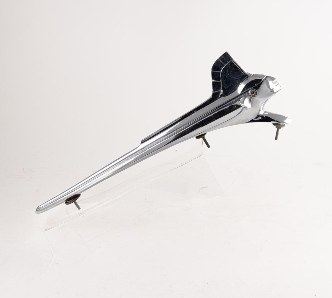 A 1951 Pontiac Chieftain hood ornament: A 1951 Pontiac Chieftain hood ornament, marked '514855 BLC', 6.5"h x 19"w