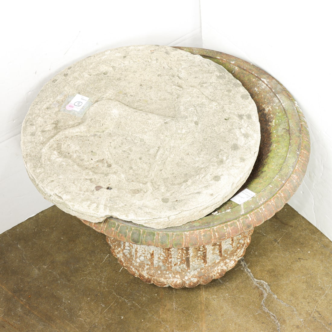 A Victorian urn and associated circular base: A Victorian urn and associated circular base, 19th century, originally part of the garden of a San Francisco historic structure, urn 17"h x 22"w