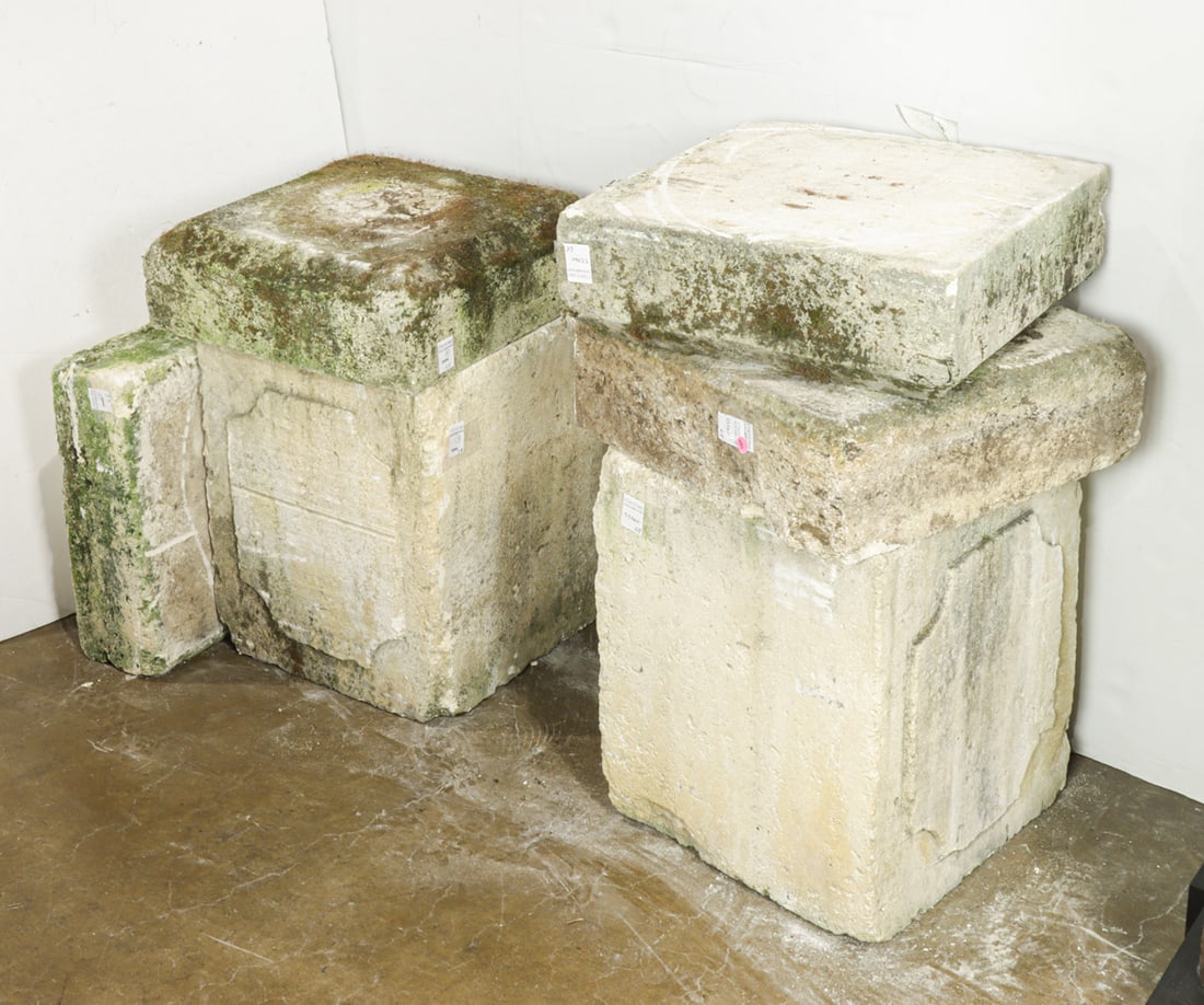 A pair of large antique garden pedestals: A pair of large antique garden pedestals, 19th century, originally part of the garden of a San Francisco historic structure, each pedestal is in three parts, the top and bottom are 6"h x 12"w, and