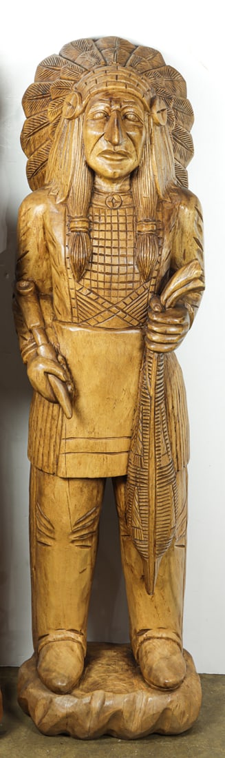 A carved tobacco shop figure: A carved tobacco shop figure, 70"h x 15"dia