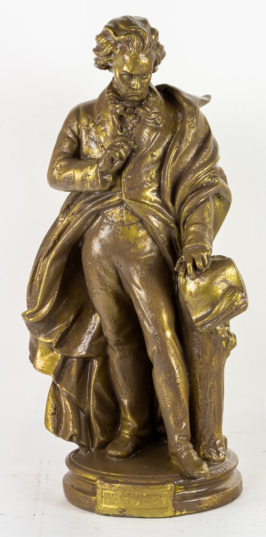 A painted plaster figure of Ludwig van Beethoven in repose: A painted plaster figure of Ludwig van Beethoven in repose, 23"h x 9"dia (base)