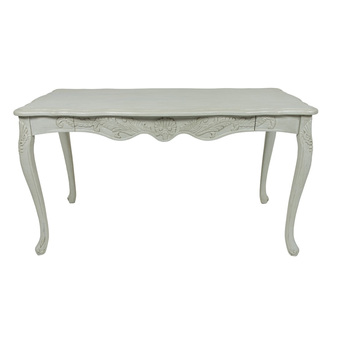 A French style paint decorated single drawer desk: A French style paint decorated single drawer desk, 30"h x 53.5"w x 25.5"d