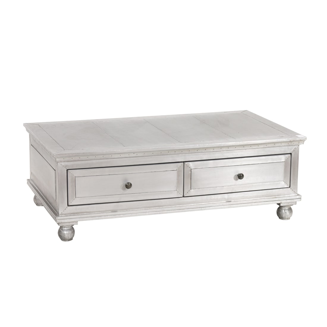 A Restoration Hardware (RH) metal wrapped Annecy coffee table: A Restoration Hardware (RH) metal wrapped Annecy coffee table, fitted with two drawers to each long side, 16.25"h x 48"w x 28"d