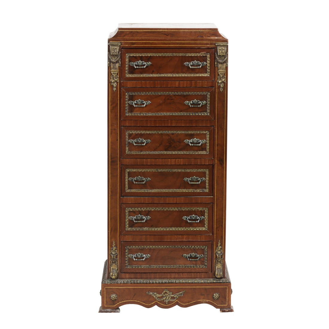 A Neoclassical style bronze mounted marquetry inlaid chiffonier: A Neoclassical style bronze mounted marquetry inlaid chiffonier, late 20th century, fitted with six drawers and raised on outstepped base, 46"h x 21.5"w x 17"d