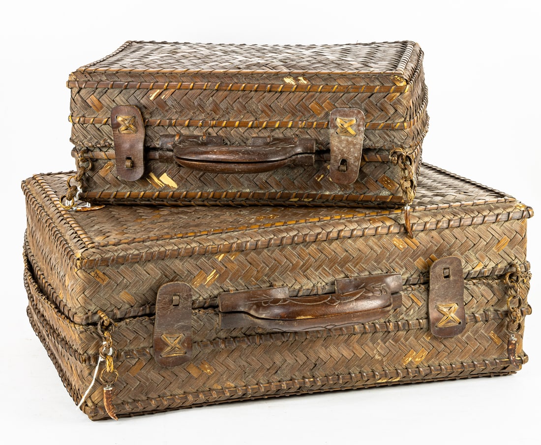 Two vintage rattan pieces of luggage: Two vintage rattan pieces of luggage, largest 8"h x 20.5"w x 14"d, smallest 6"h x 15.5"w x 10"d