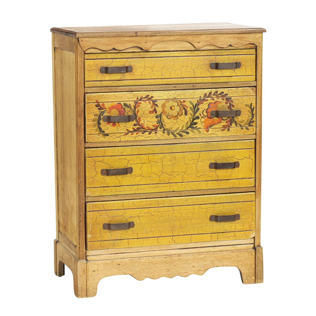 A Monterey (Los Angeles) painted chest of drawers: A Monterey (Los Angeles) painted chest of drawers, circa 1930, the natural wood frame fitted with four painted drawers with iron strap handles, unmarked, 43.5"h x 32.5"w x 18"d