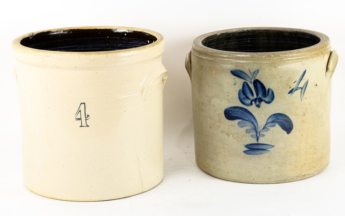 Two American salt glaze stoneware crocks: Two American salt glaze stoneware crocks, each 4 gallon, the shorter with cobalt floral decoration, larger1 2"h x 12"dia, smaller 11"h x 11.5"dia