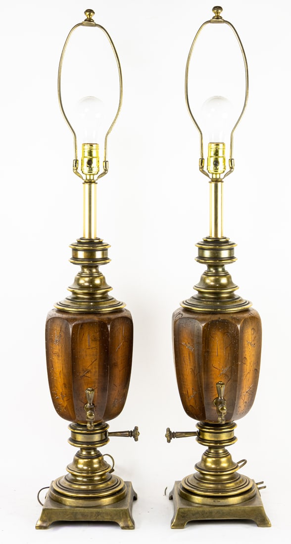 A pair of custom samovar style carved wood and brass lamps: A pair of custom samovar style carved wood and brass lamps, 27"h (bulb fixture) x 7"sq