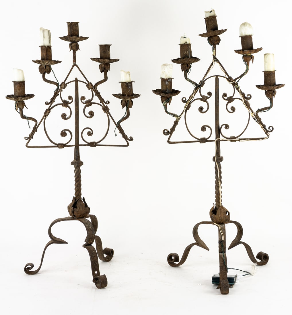 A pair of Spanish Baroque style wrought iron five-light candelabra: A pair of Spanish Baroque style wrought iron five-light candelabra, 28.5"h x 14.5"w