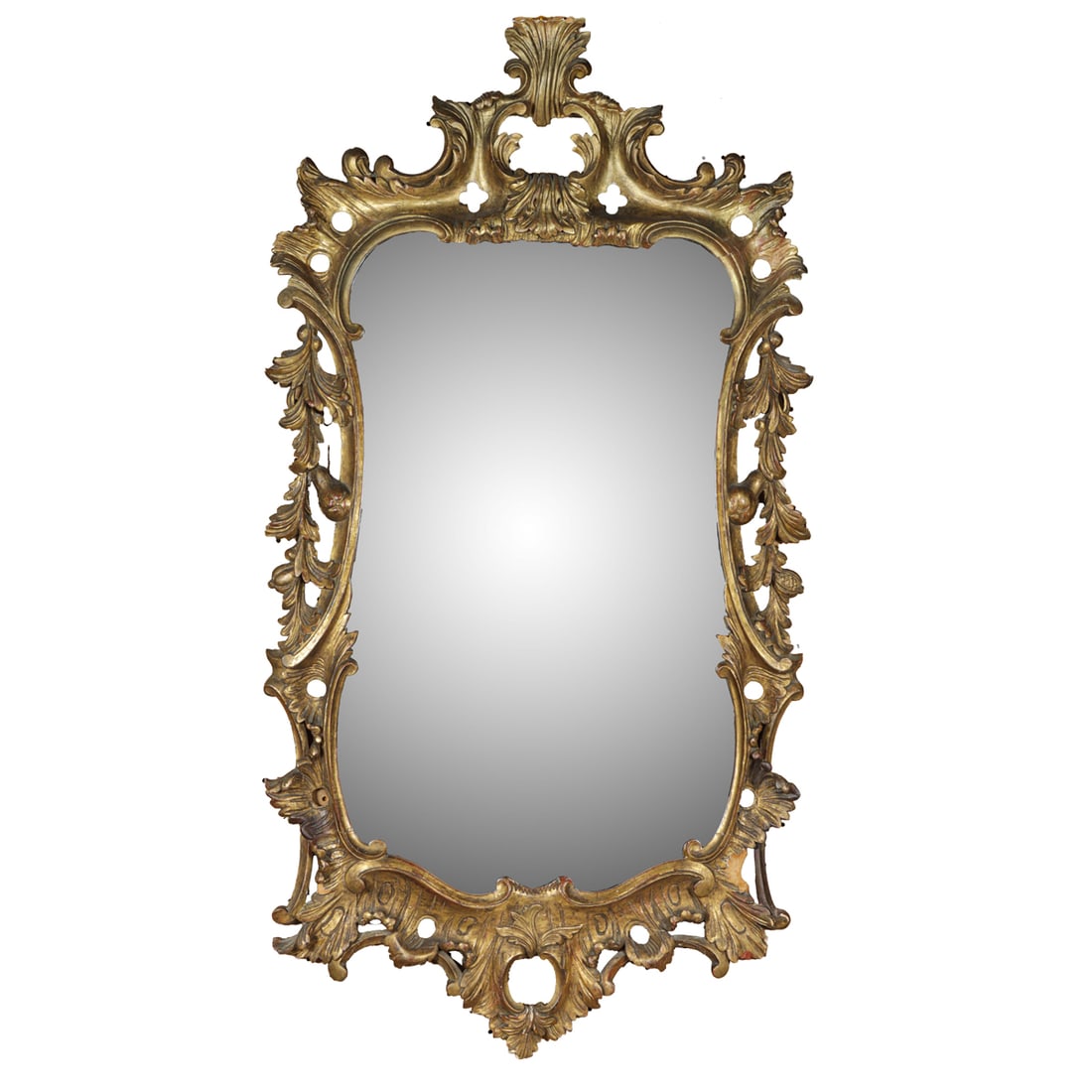 A Rococo style giltwood mirror: A Rococo style giltwood mirror, of cartouche form with rocaille frame, 31"h x 26"w x 2.5"d