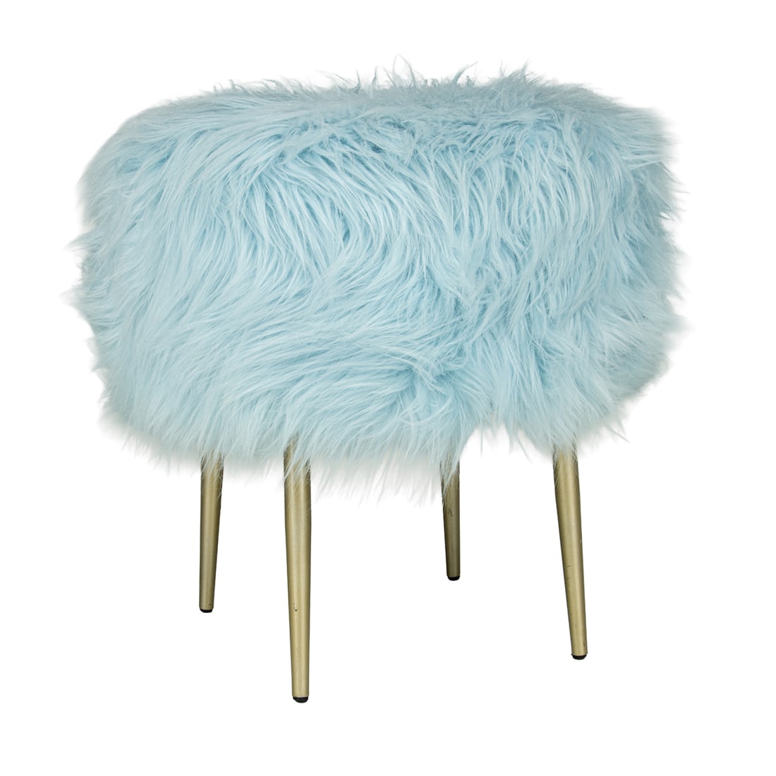 A contemporary gilt tubular metal and periwinkle blue faux fur stool or ottoman, 20: A contemporary gilt tubular metal and periwinkle blue faux fur stool or ottoman, 20.5"h x 17"dia