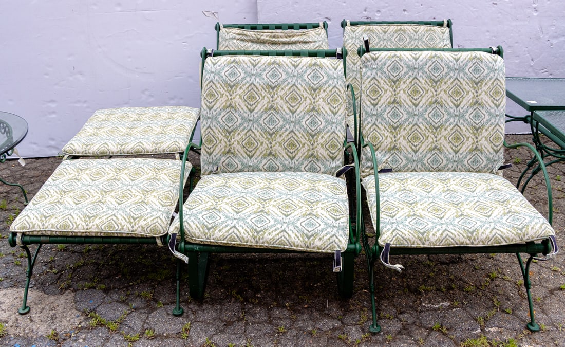 A set of six pieces of garden furniture: A set of six pieces of garden furniture, (4) green painted iron lounge chairs 36"h x 25"w x 22"d, (2) ottomans 15"h x 22"w x 24"d
