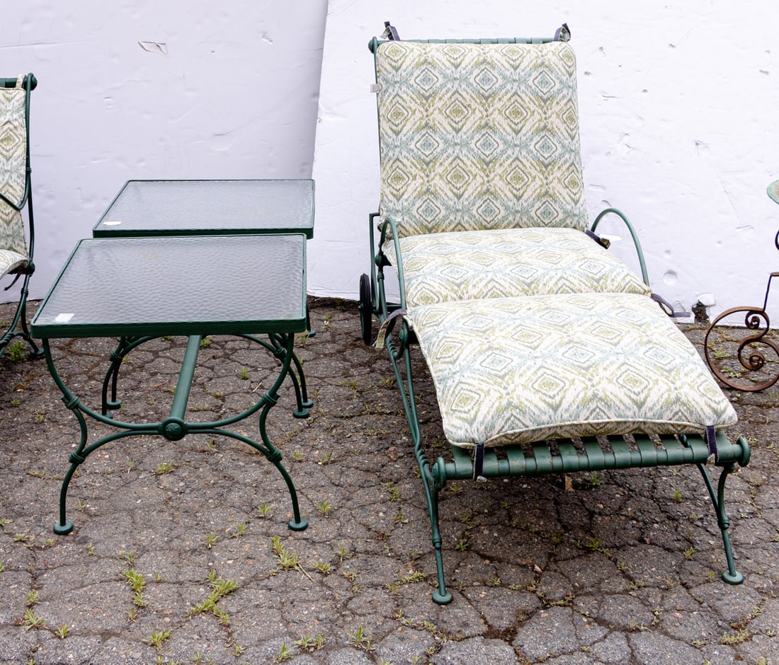 A set of garden furniture: A set of garden furniture, (1) green painted iron chaise lounge 37"h x 25"w x 65"l, (2) side tables 20"h x 22.5"w [3 total]