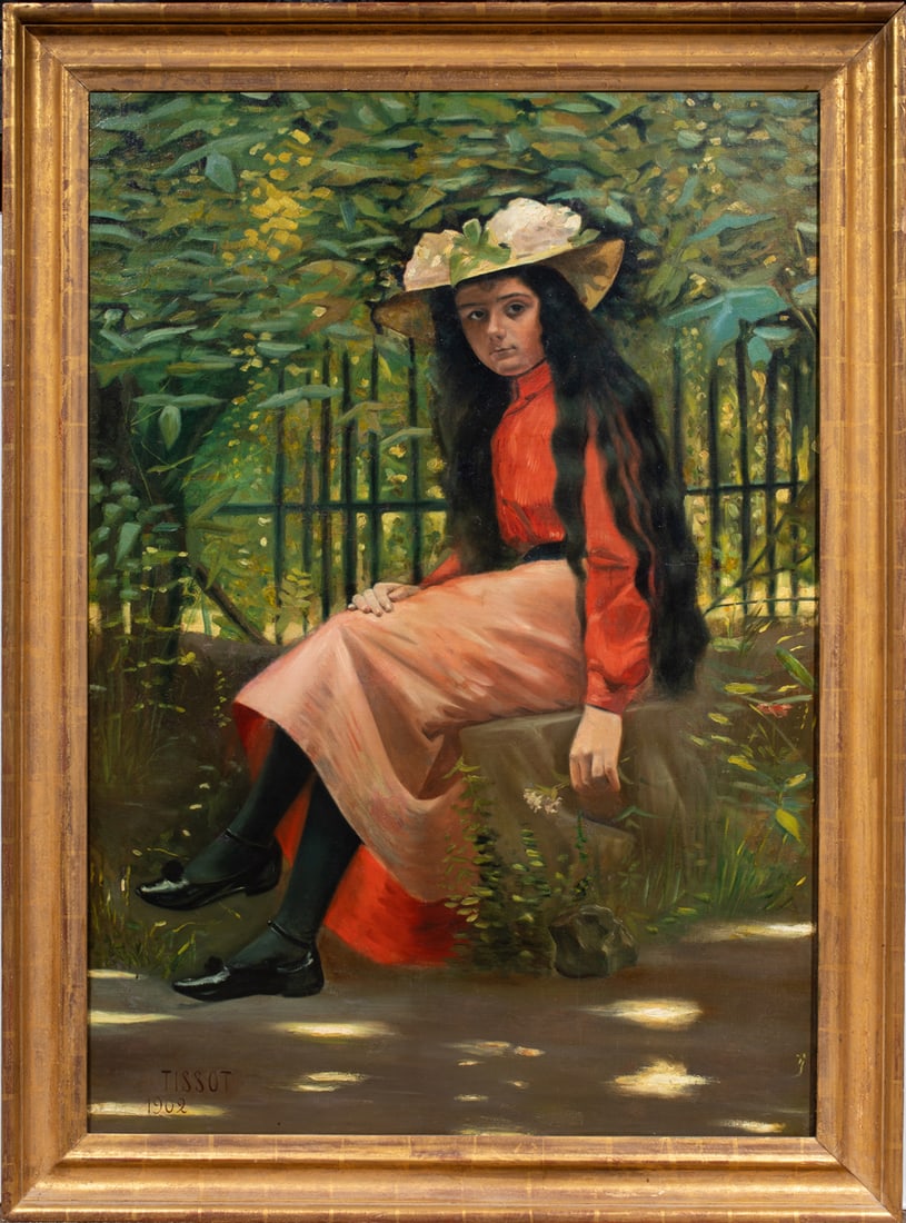 Painting, Manner of James Jacques Joseph Tissot: Manner of James Jacques Joseph Tissot (French, 1836-1902), Girl Seated in Park, 1902, oil on canvas affixed to board, bears signature lower left, overall (with frame): 57.25"h x 42.25"w