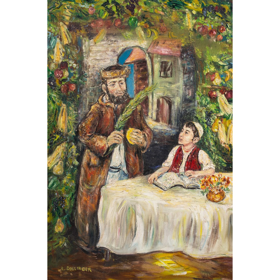 Painting, Renate Dollinger: Renate Dollinger (American/German, b. 1924), Untitled (The Lesson), oil on canvas, signed lower left, canvas: 36"h x 24"w, overall (with frame): 42.5"h x 30.5"w