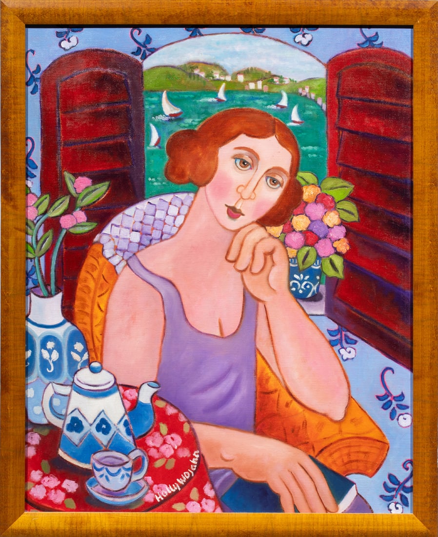 Painting, Holly Wojahn: Holly Wojahn (American, 20th century), Untitled (Seated Figure by Window), oil on canvas, signed lower left and signed and dedicated verso, overall (with frame): 32.5"h x 26.5"w