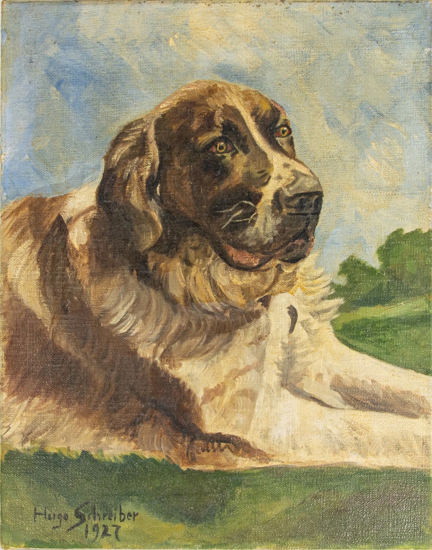 Painting, Hugo Schreiber: Hugo Schreiber (Hungarian, 1873-1950), Portrait of a Saint Bernard, 1927, oil on canvas, signed and dated lower left, canvas (unframed): 18"h x 14"w