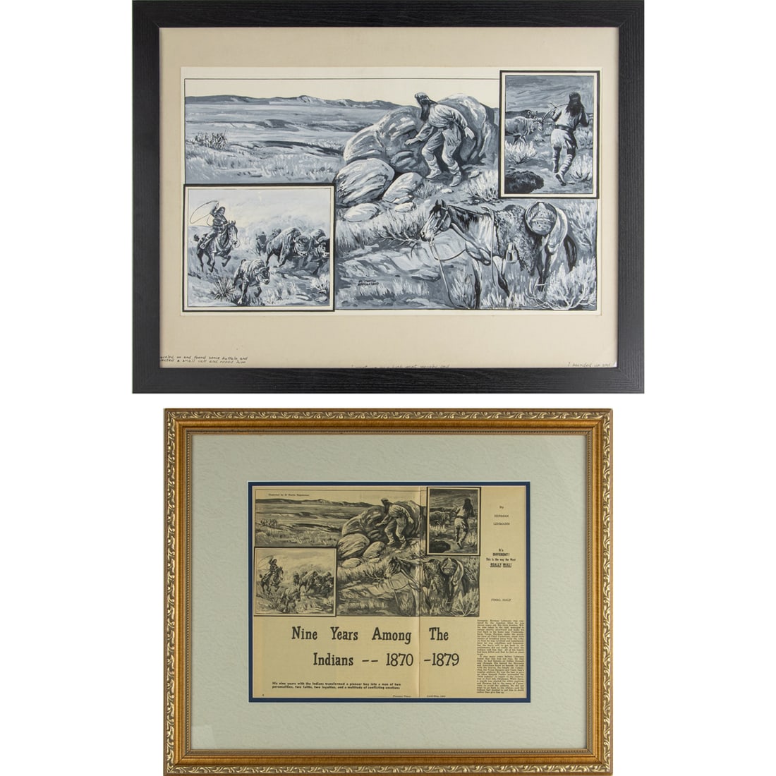 Illustration, Al Martin Napoletano: (lot of 2) Al Martin Napoletano (American, 1920-2019), Story illlustration for "Nine Years Among The Indians,1870-1879", 1961, ink and gouache on board, signed lower center, inscribed with related