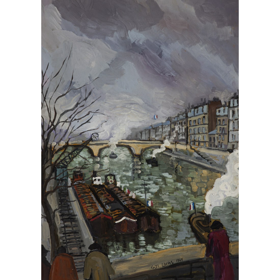 Painting, French School: French School (20th century), View of the Seine, Paris, 1969, oil on board, signed indistinctly and dated lower right, board: 27.75"h x 19.75"w, overall (with frame): 34"h x 26"w