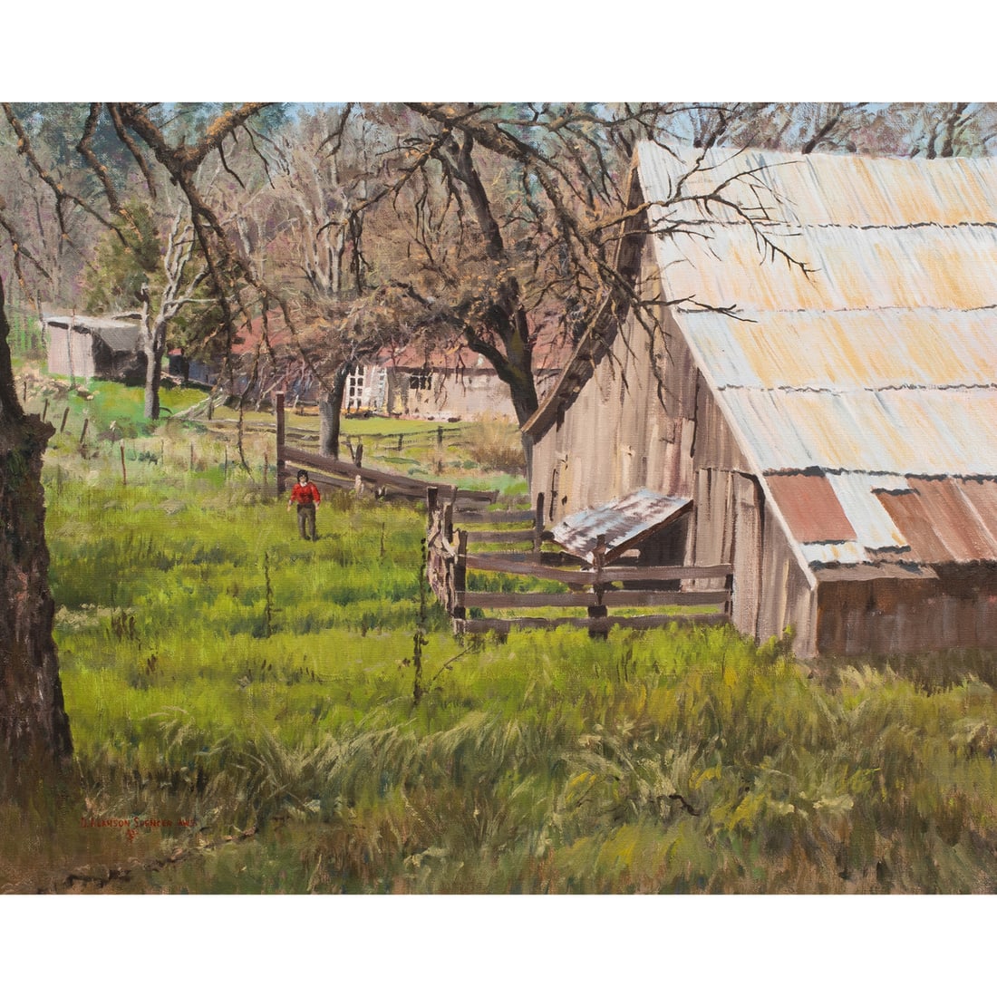Painting, Duncan Alanson Spencer: Duncan Alanson Spencer (American, 1911-1999), "Tryangle Barn," 1984, oil on canvas, signed 'D. Alanson Spencer A.W.S' and dated '84' lower left, titled on label (affixed to the stretcher), canvas: 24"