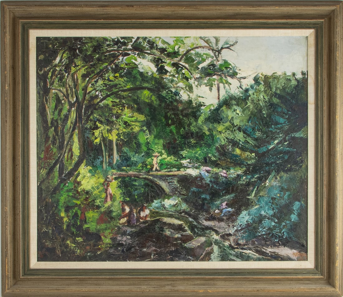 Painting, Lucette Heuseux: Lucette Heuseux (Belgian, 1913-2010), "Lavandera en la Selva," oil on canvas, signed and titled on reverse, dated on label (affixed to stretcher), canvas: 20"h x 24"w, overall (with frame): 25.75"h x
